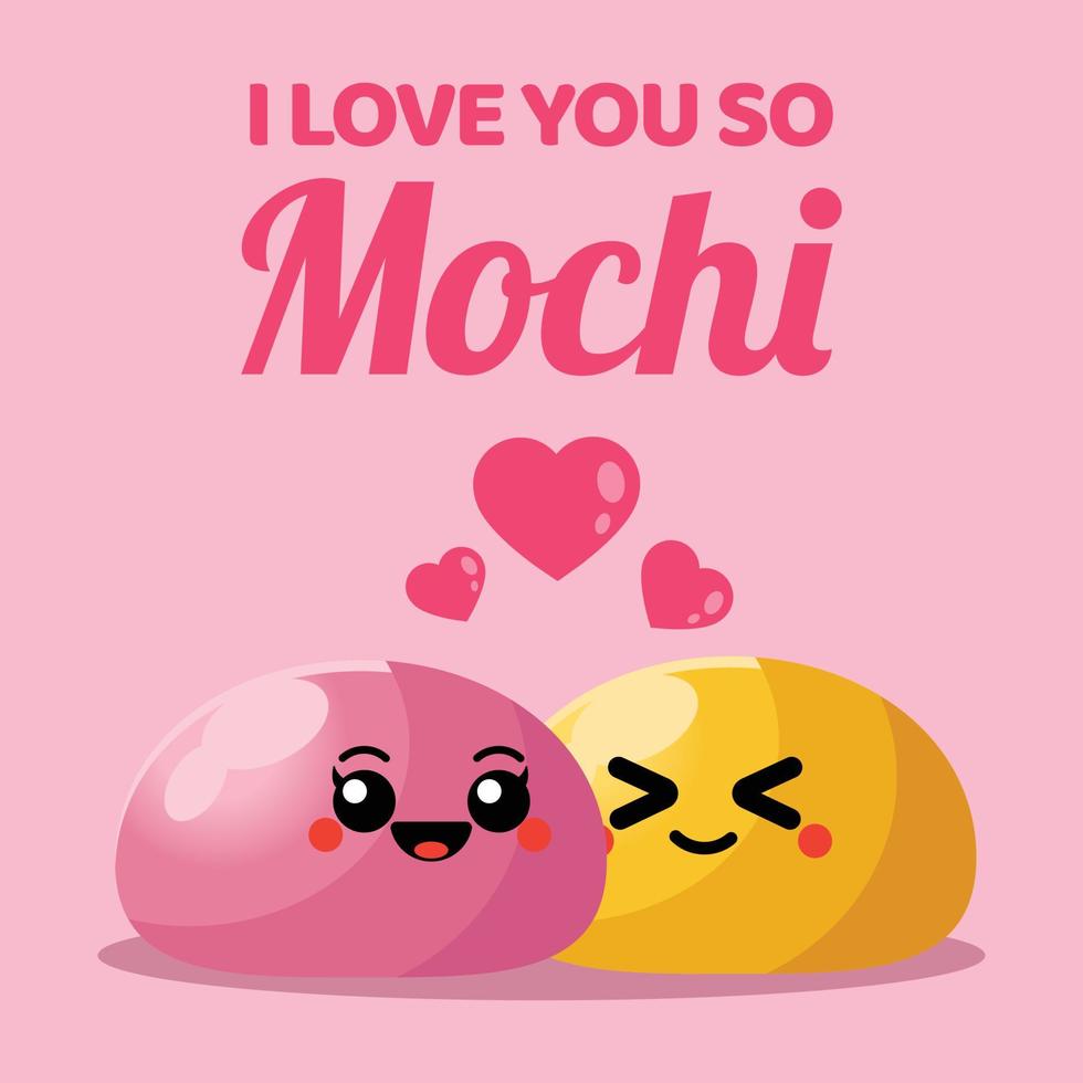 Vector couple flat design cartoon daifuku mochi characters. Cute mochi mascot are holding hands and love each other. Set of characters for Valentine's Day card illustration template.