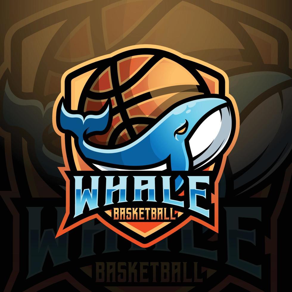 Whale mascot basketball team logo design vector with modern illustration concept style for badge, emblem and tshirt printing. logo illustration for sport, gamer, streamer, league and esport team.