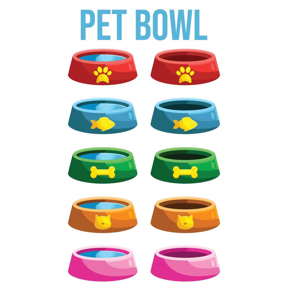 Cat and dog food pet bowl. Cute Cartoon vector illustration pet feed containers, bowl or plate . Home animals wet and dry food meal. Round, bones, square kibble.