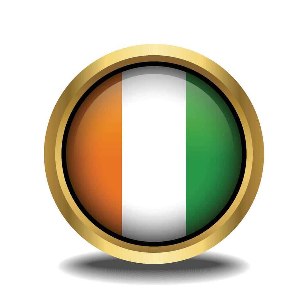 Cote D'Ivoire Flag circle shape button glass in frame golden vector