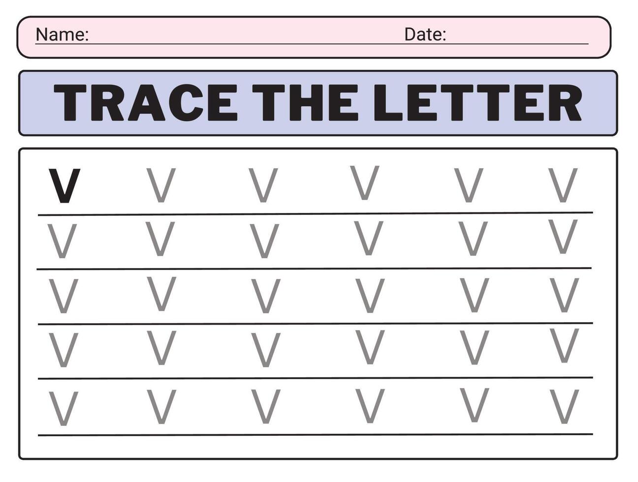 Alphabet letters tracing worksheet with all alphabet letter V. Basic