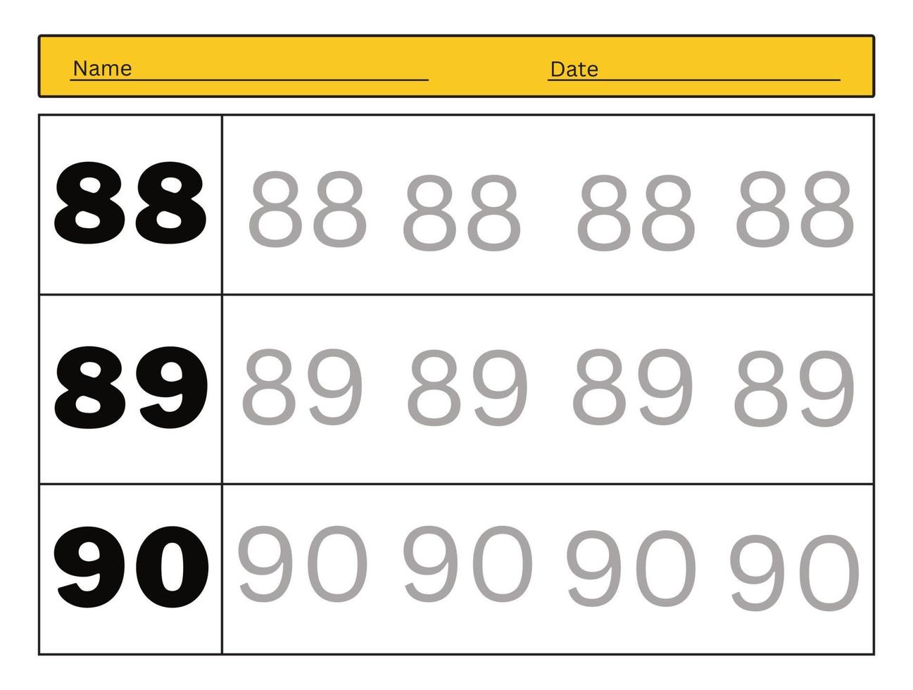 The practice of writing numbers 88, 89, 90. Tracking worksheet count and write vector