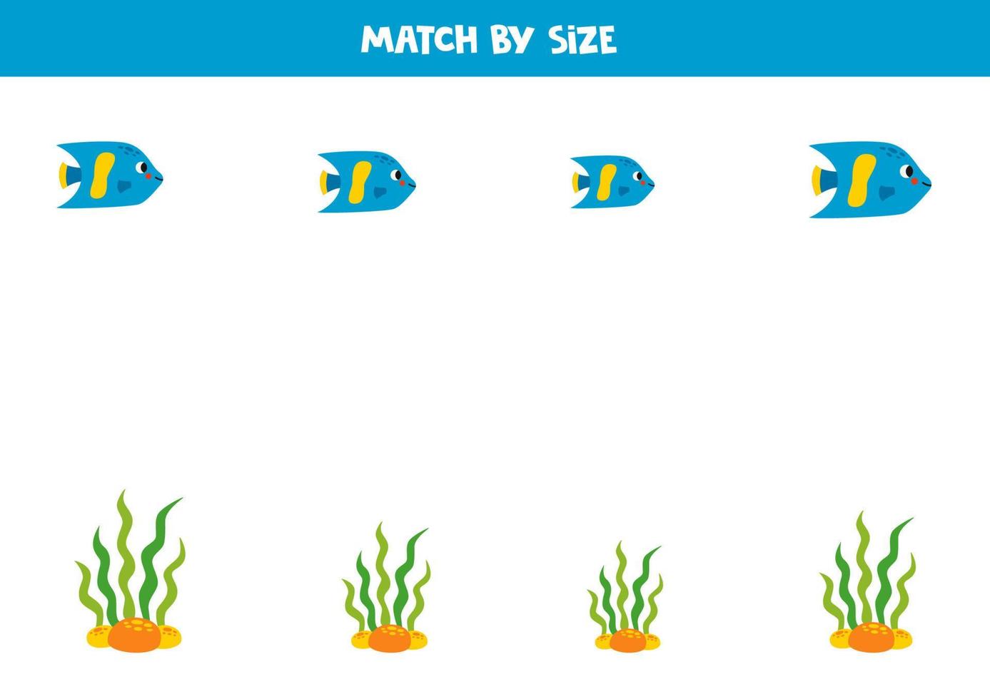 Matching game for preschool kids. Match blue fish and seaweed by size. vector