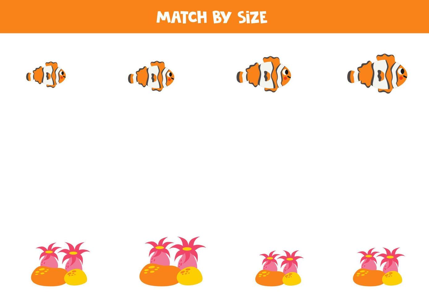Matching game for preschool kids. Match clownfish and actinia by size. vector