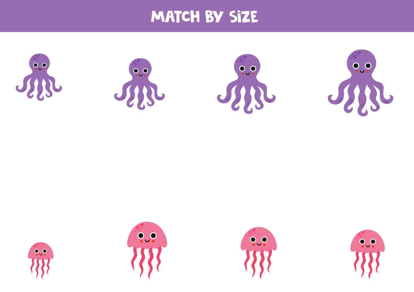 Matching game for preschool kids. Match octopus and jelly fish by size. vector