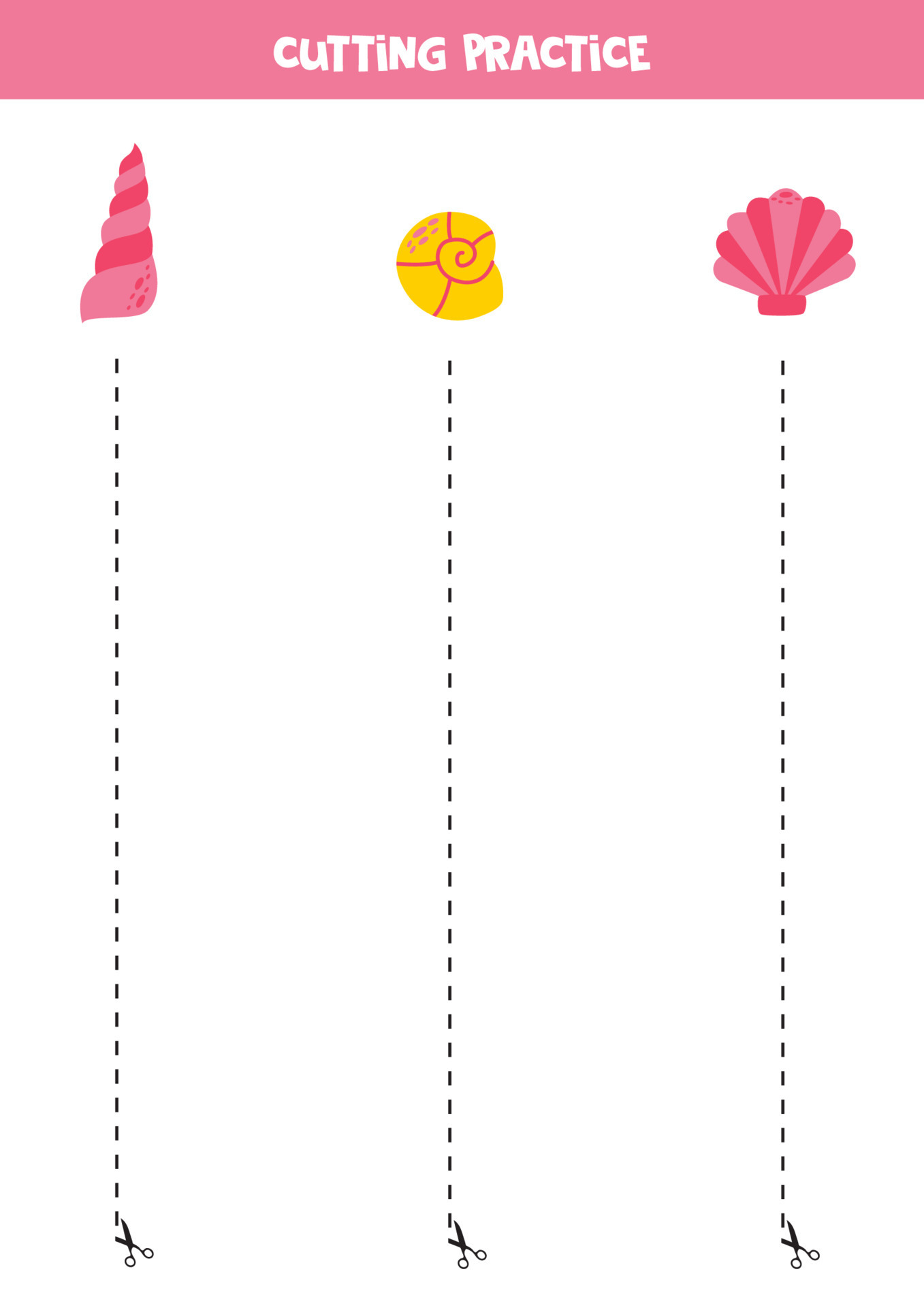 Cutting practice for children with cute sea shells. 20448938 Vector Art