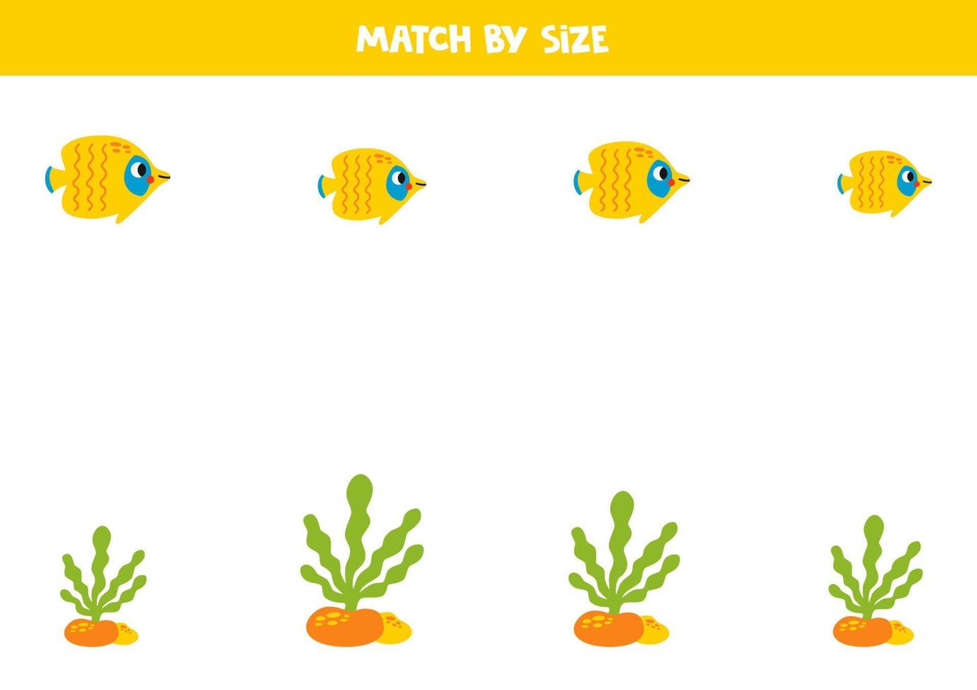 Matching game for preschool kids. Match butterfly fish and seaweed by size. vector