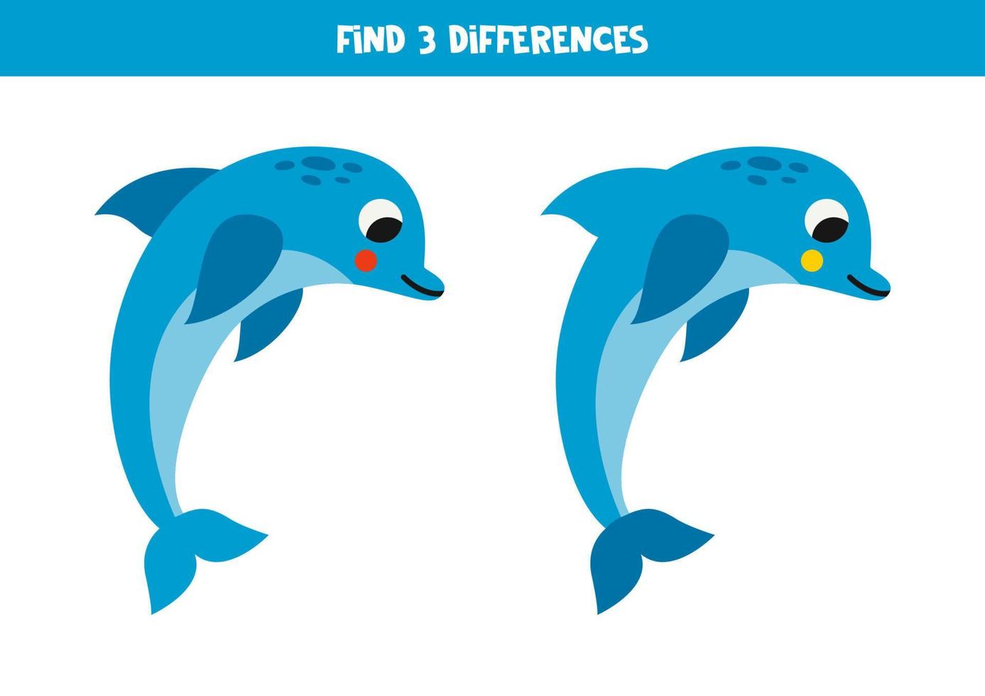 Find 3 differences between two cute blue dolphins. vector