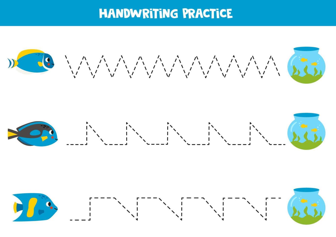 Tracing lines for kids. Cartoon fish and aquarium. vector
