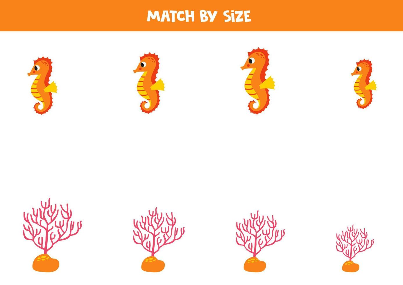 pareo juego para preescolar niños. partido caballitos de mar y corales por tamaño. vector
