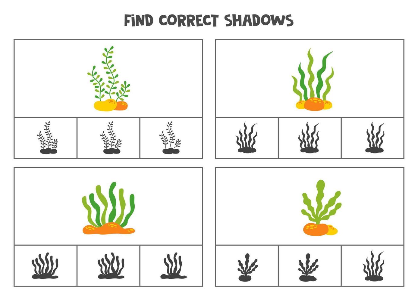 Find correct shadow of cute sea weeds. Printable clip card games for children. vector