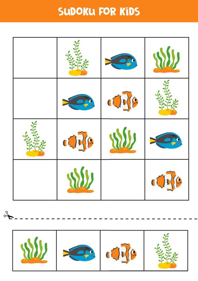 Educational sudoku game with cute sea animals. vector