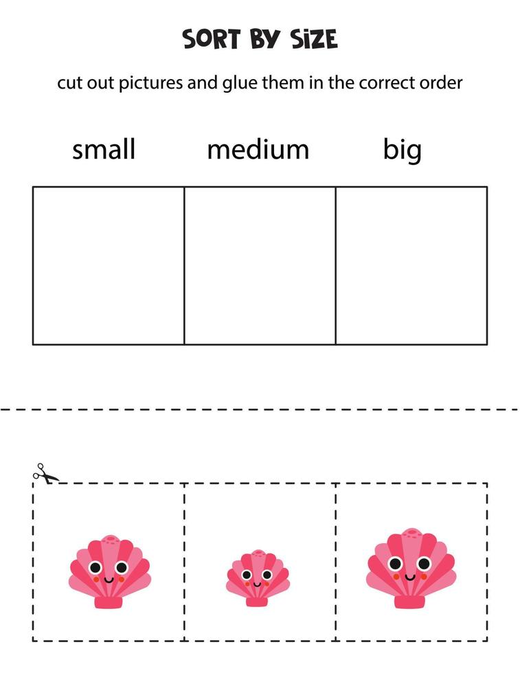 Sort pictures by size. Educational worksheet for kids. vector