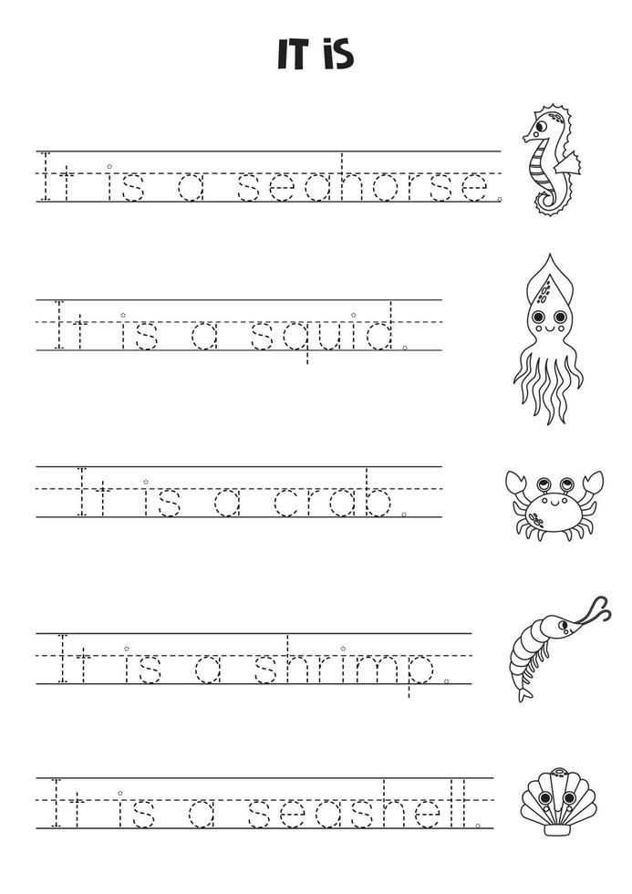 It is sentence for kids. Sea animals. Black and white worksheet