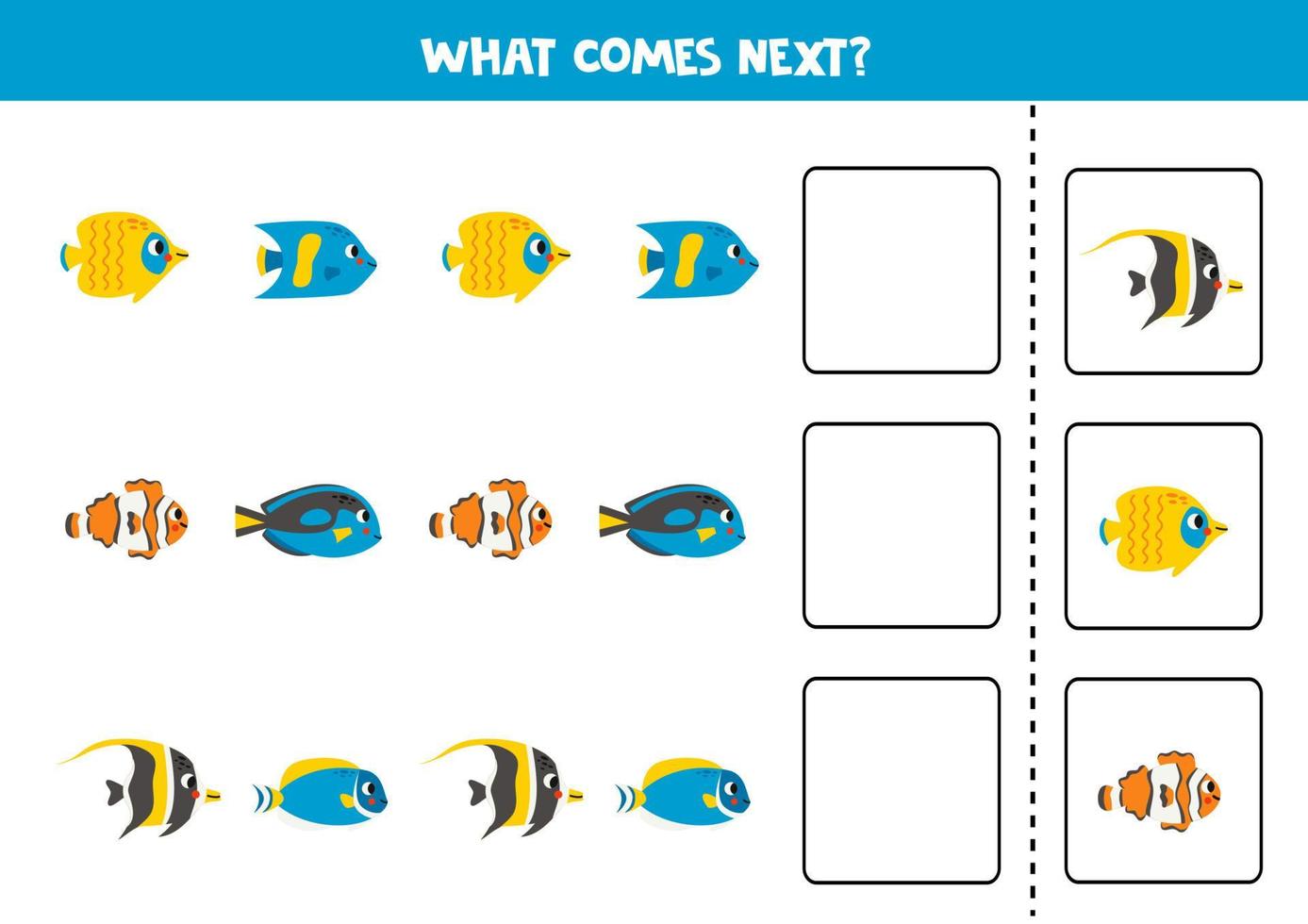 qué viene siguiente juego con linda dibujos animados arrecife pez. vector