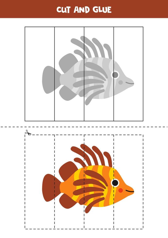 Cut and glue game for kids. Cute lionfish. vector
