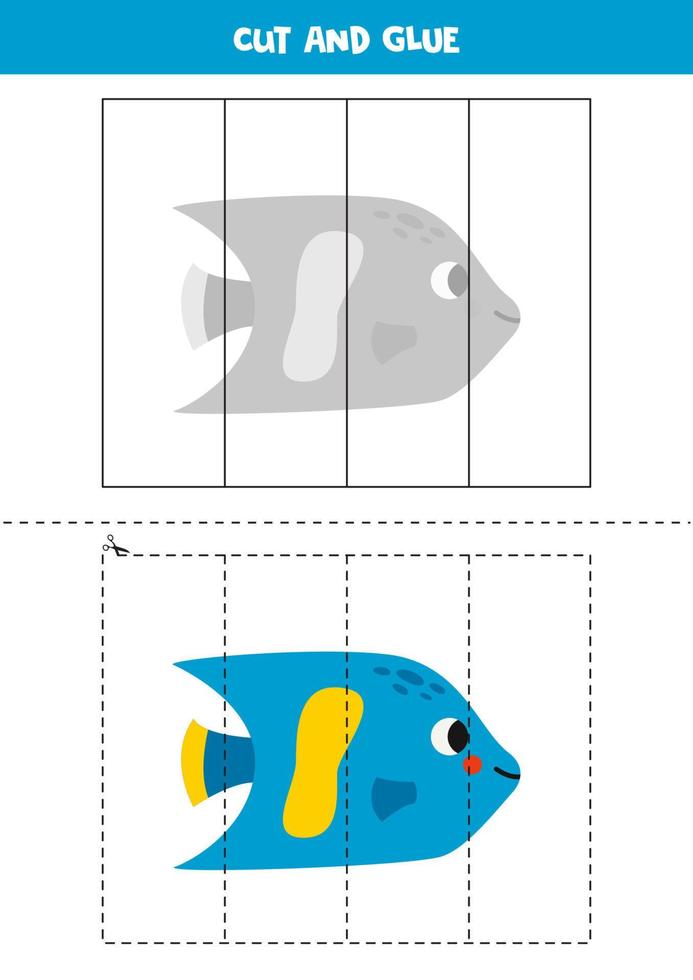 Cut and glue game for kids. Cute angel fish. vector