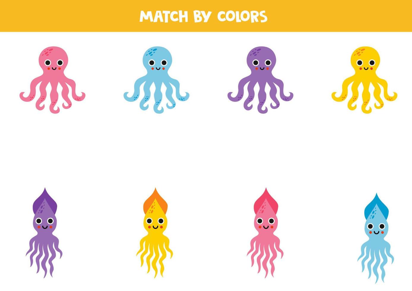 Color matching game for preschool kids. Match cute octopuses and squids by colors. vector