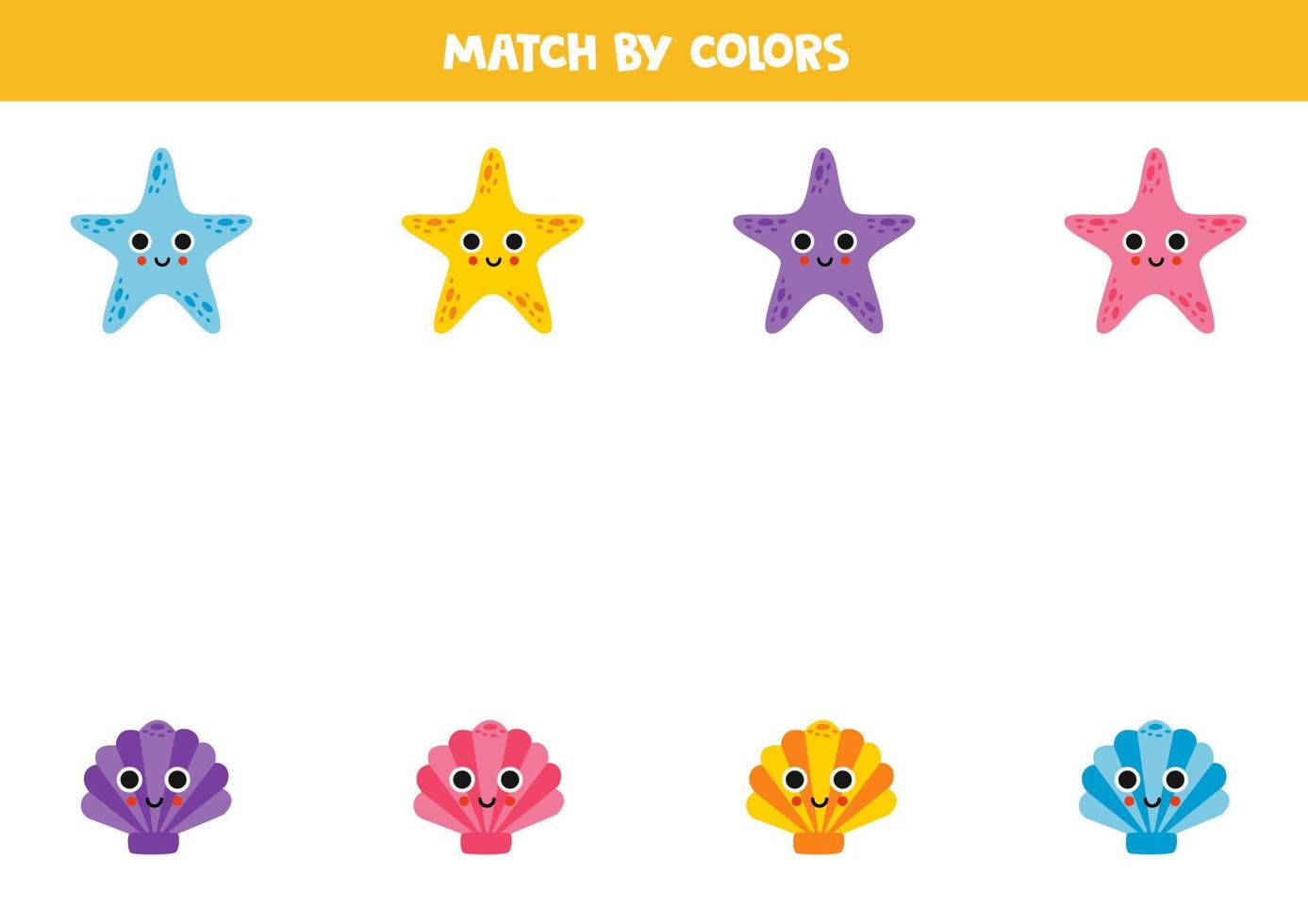 Color matching game for preschool kids. Match seashells and starfish by colors. vector