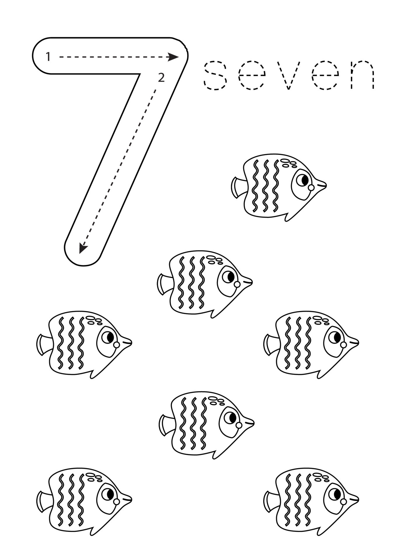 Flashcard number 7. Preschool worksheet. Black and white butterfly fish. 20449013 Vector Art at