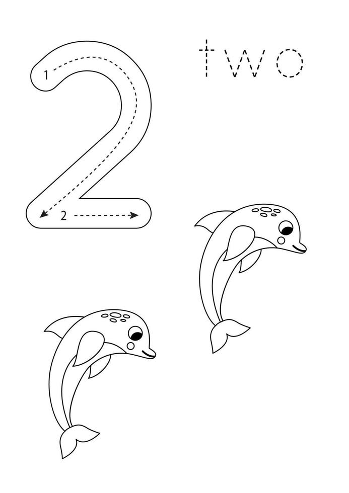 Flashcard number 2. Preschool worksheet. Black and white dolphins. vector