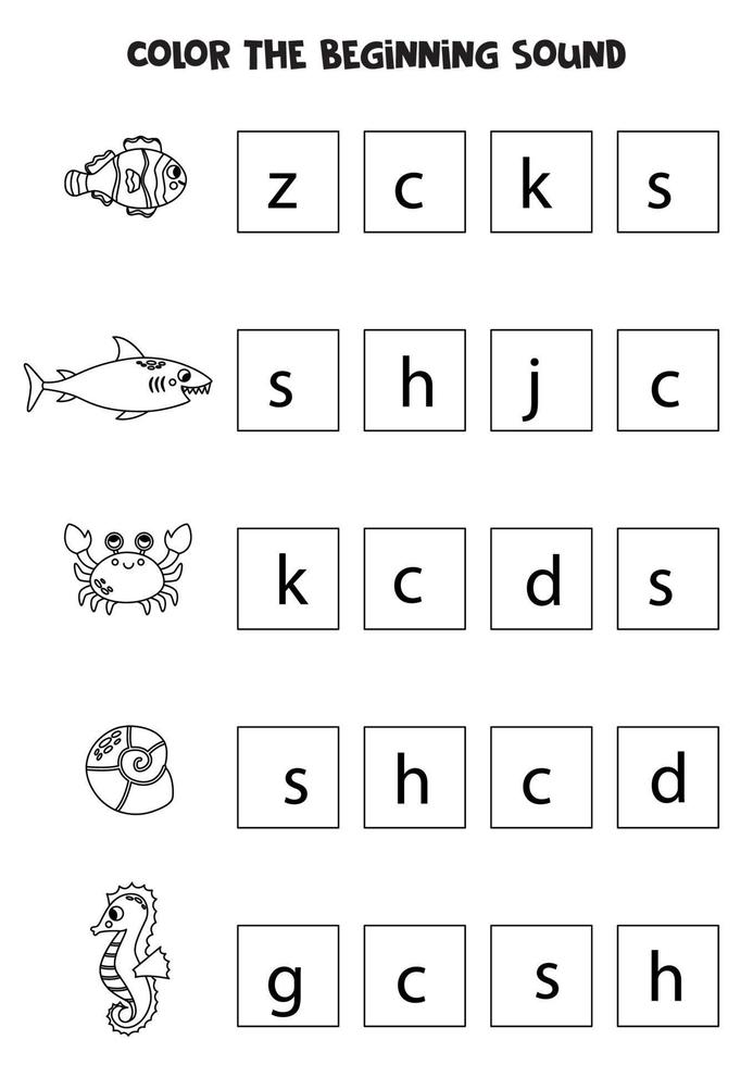 aprendizaje Inglés idioma para niños. color el comenzando sonido de mar animales vector