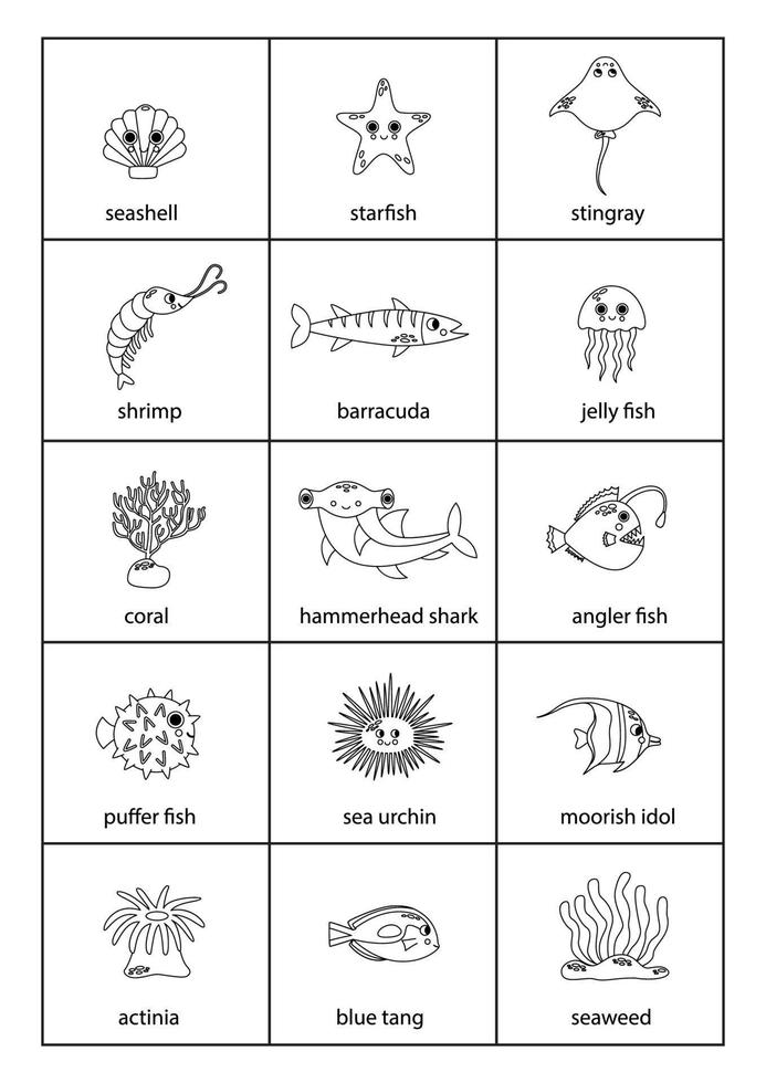 Set of cartoon black and white sea animals with names. vector