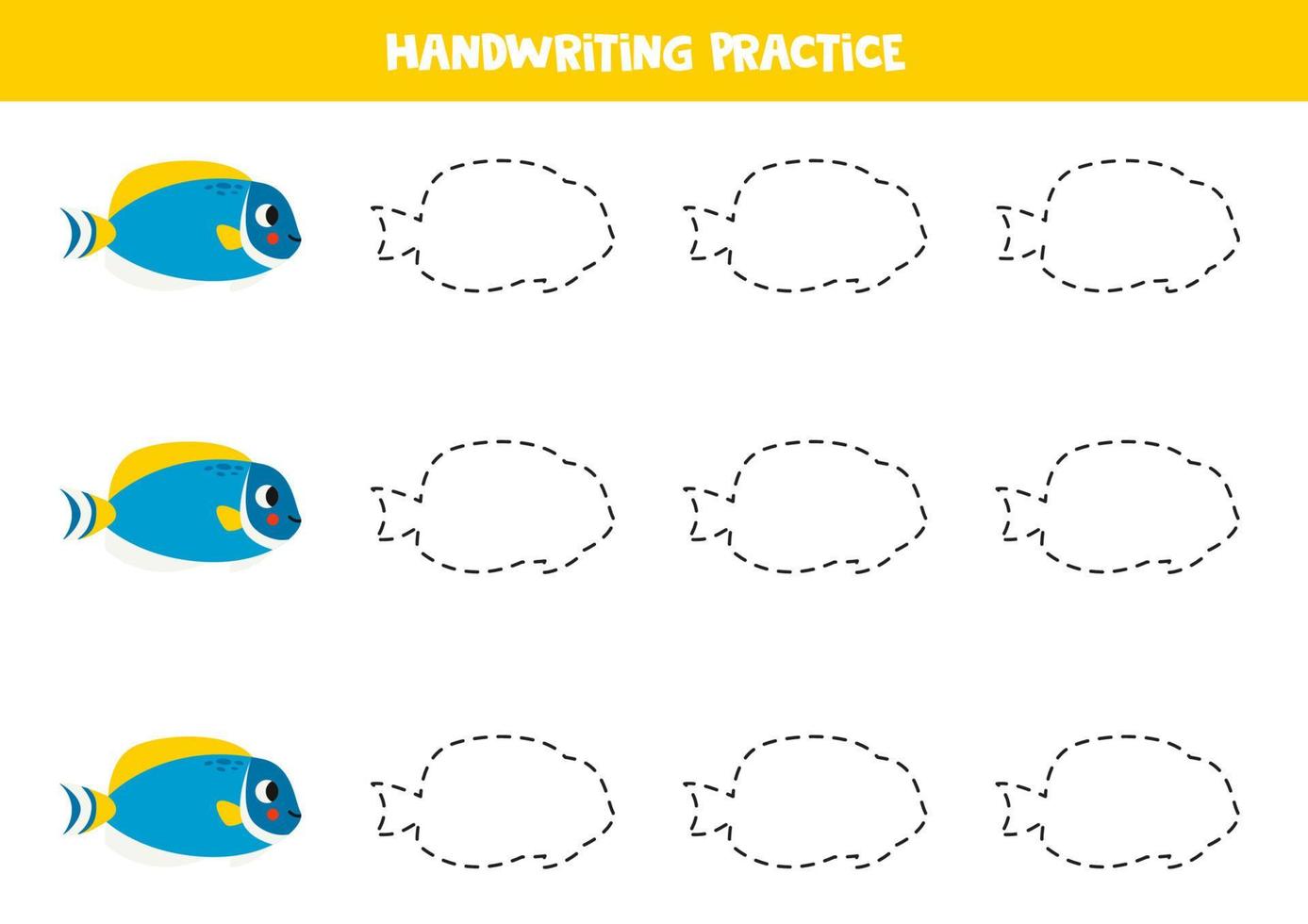 Tracing lines for kids. Cartoon blue tang. Writing practice. vector