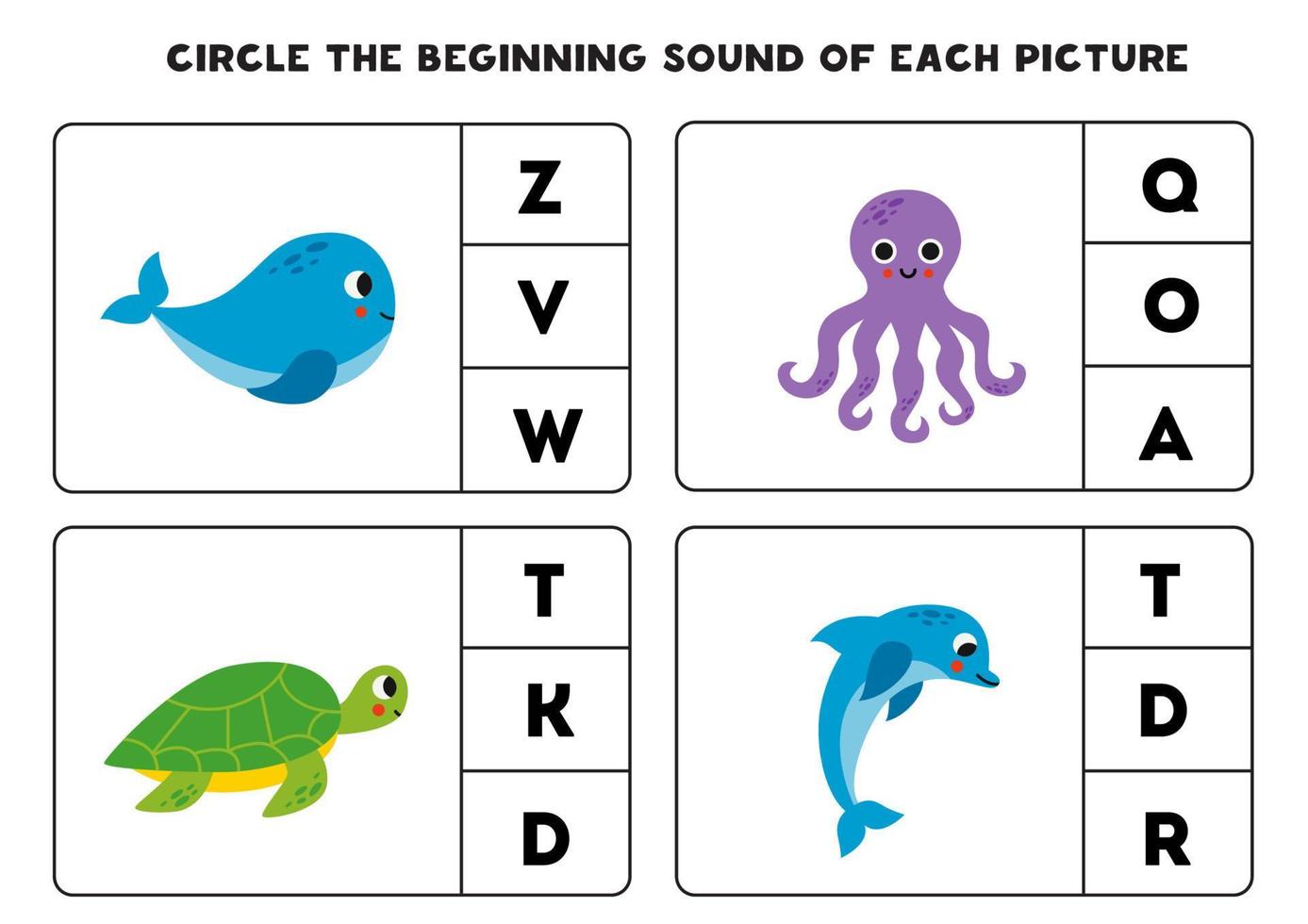 Worksheet for kids. Find the beginning sound of cute sea animals. vector