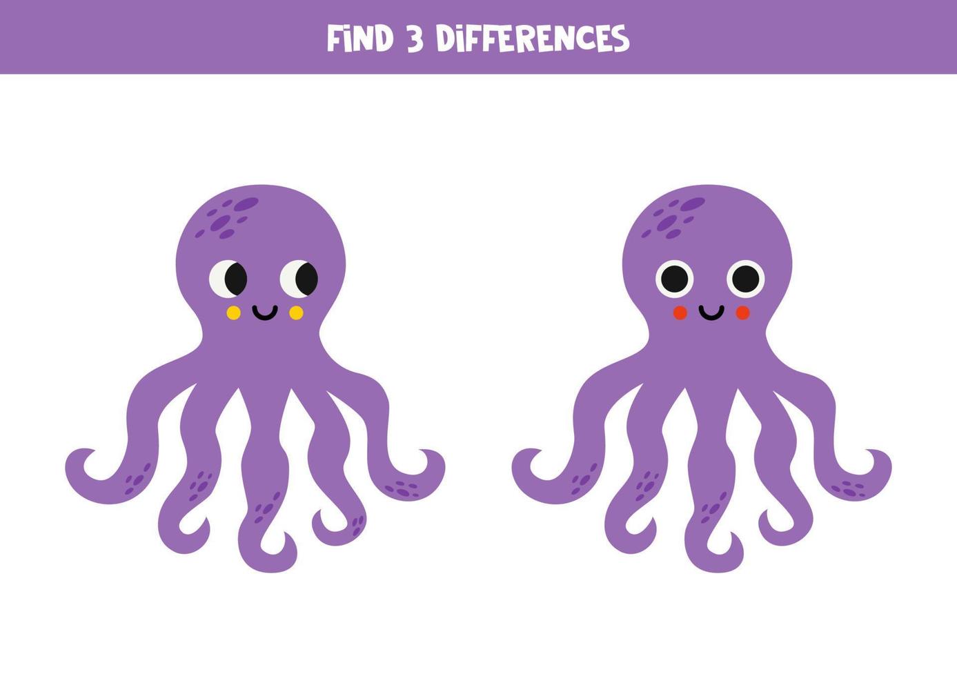 Find 3 differences between two cute octopuses. vector