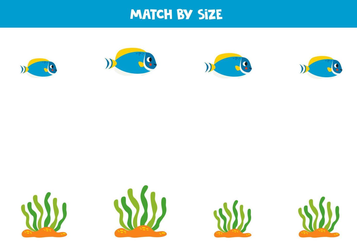Matching game for preschool kids. Match fish and sea weed by size. vector