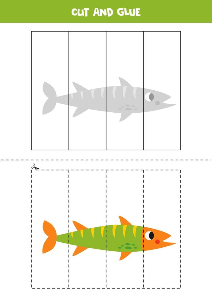 Cut and glue game for kids. Cute barracuda fish. vector