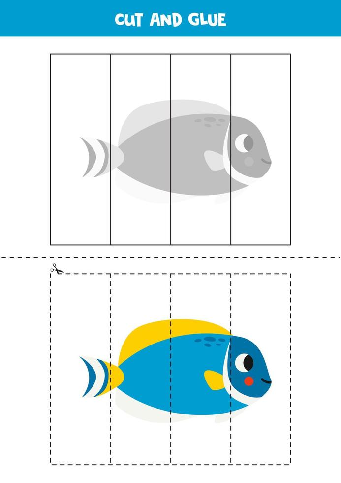 Cut and glue game for kids. Cute powder blue tang. vector