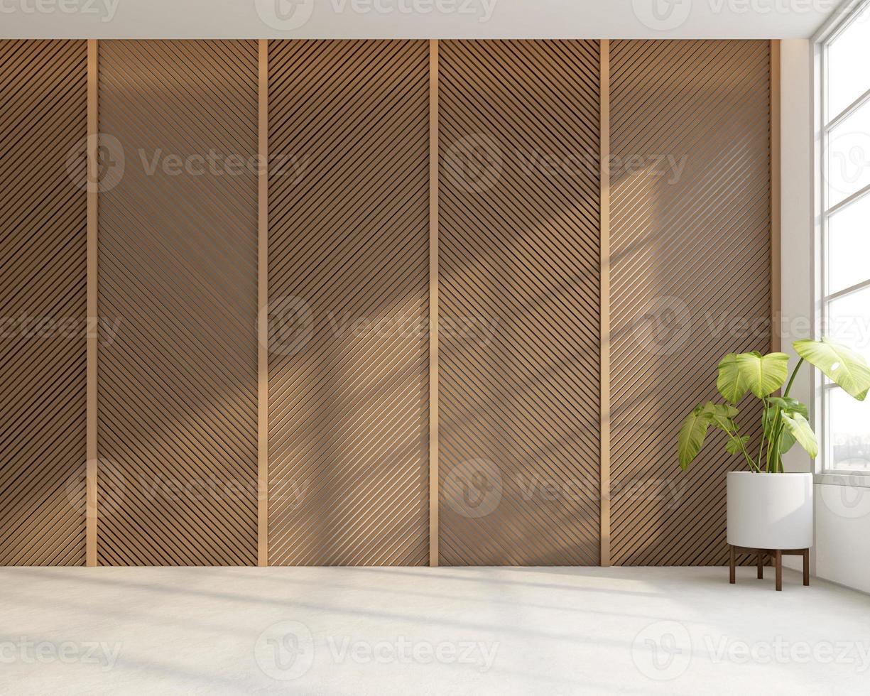 Japanese style empty room decorated with wooden slats wall and white concrete floor. 3d rendering photo