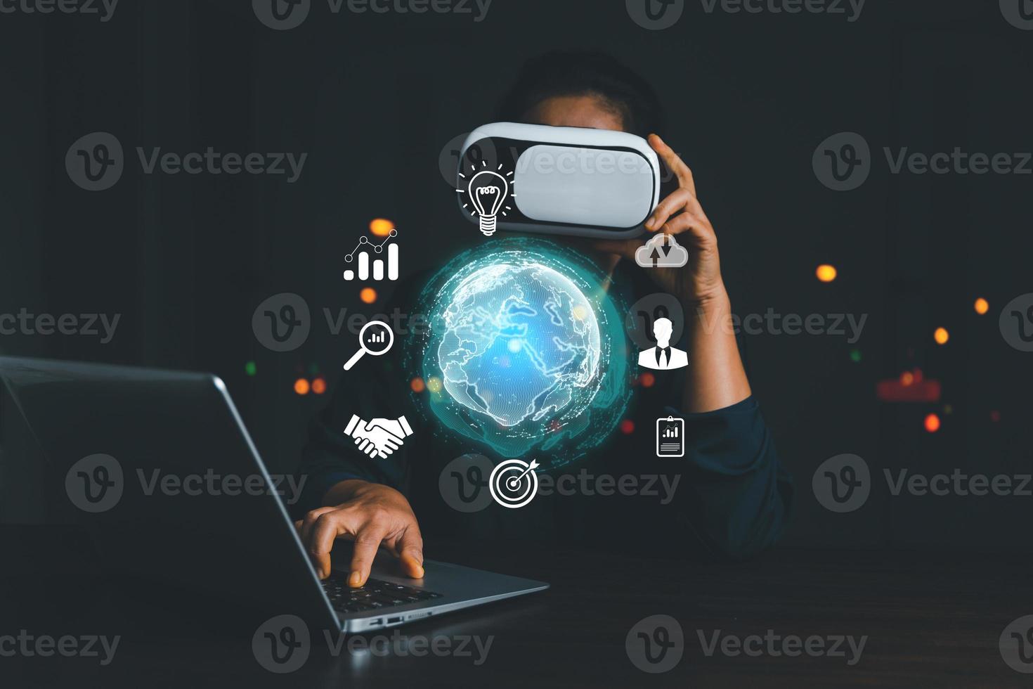 Businesswoman wearing VR glasses and accessing the Cloud Computing Technology Internet Storage Network Concept And a large database big data Through internet technology. Metaverse technology idea. photo