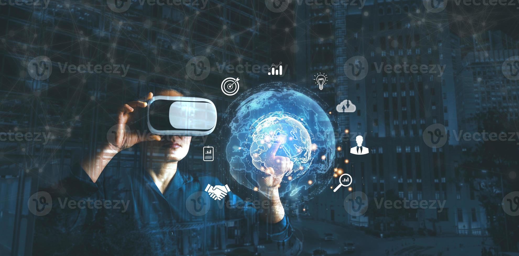 Businesswoman wearing VR glasses and accessing the Cloud Computing Technology Internet Storage Network Concept And a large database big data Through internet technology. Metaverse technology idea. photo