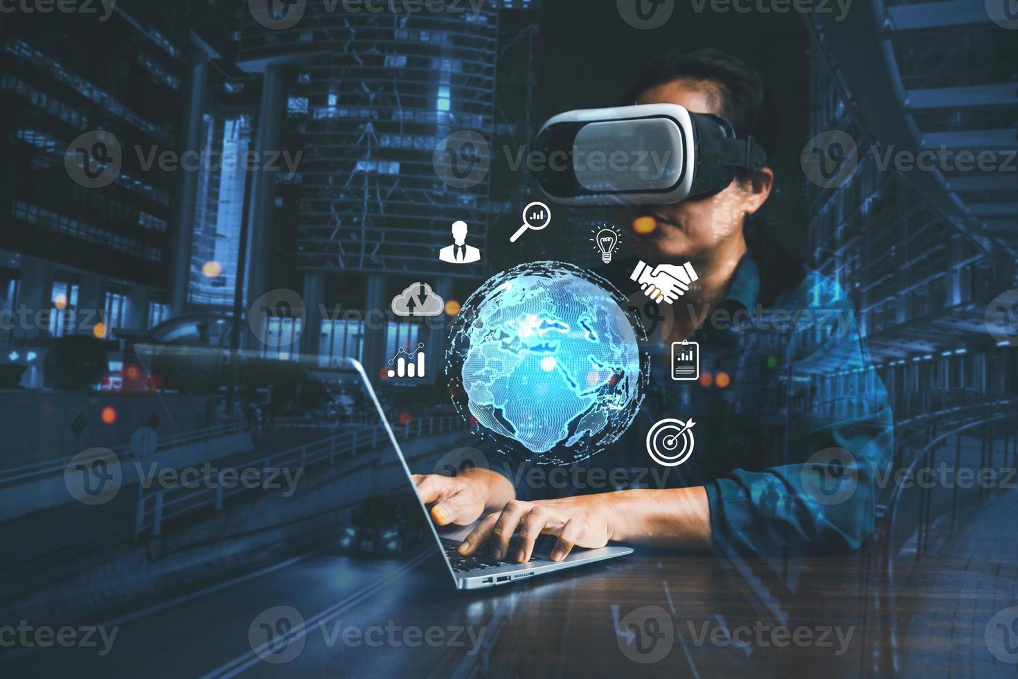 Businesswoman wearing VR glasses and accessing the Cloud Computing Technology Internet Storage Network Concept And a large database big data Through internet technology. Metaverse technology idea. photo