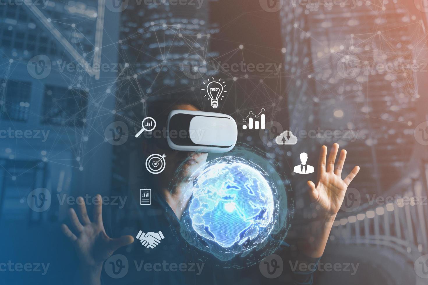 Businesswoman wearing VR glasses and accessing the Cloud Computing Technology Internet Storage Network Concept And a large database big data Through internet technology. Metaverse technology idea. photo