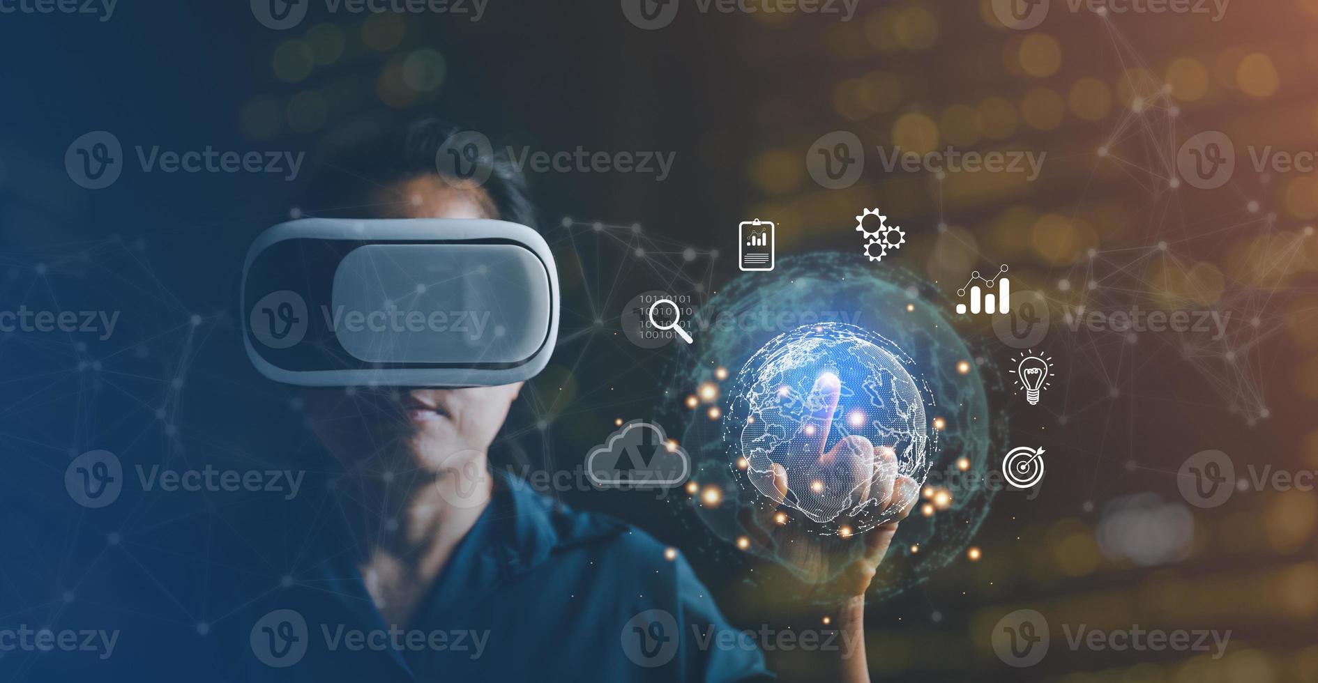 Businesswoman wearing VR glasses and accessing the Cloud Computing Technology Internet Storage Network Concept And a large database big data Through internet technology. Metaverse technology idea. photo