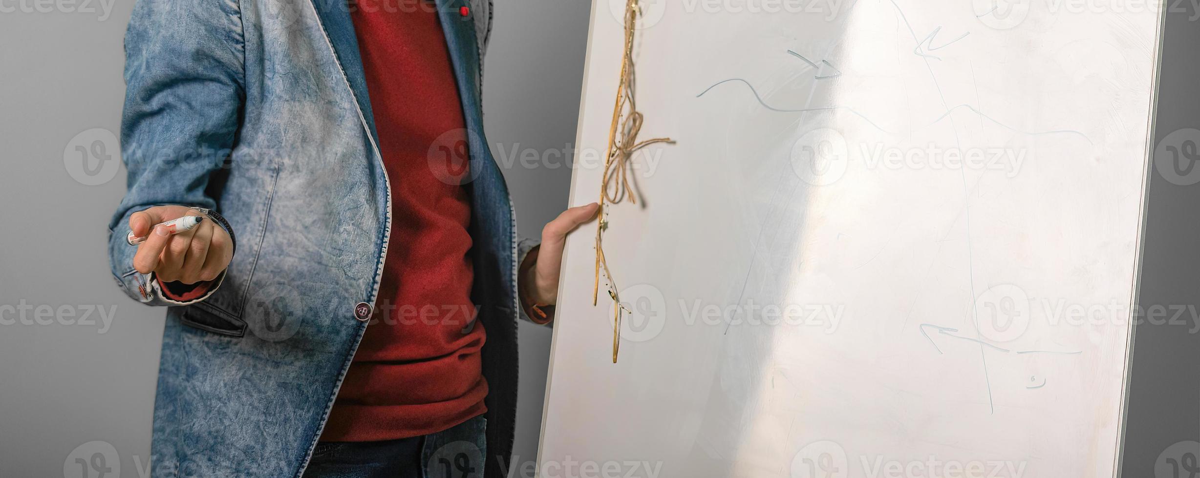 Entrepreneur making presentation of financial statistics and data on charts, writing using flip chart, business coach drawing charts on white board during training, seminar photo