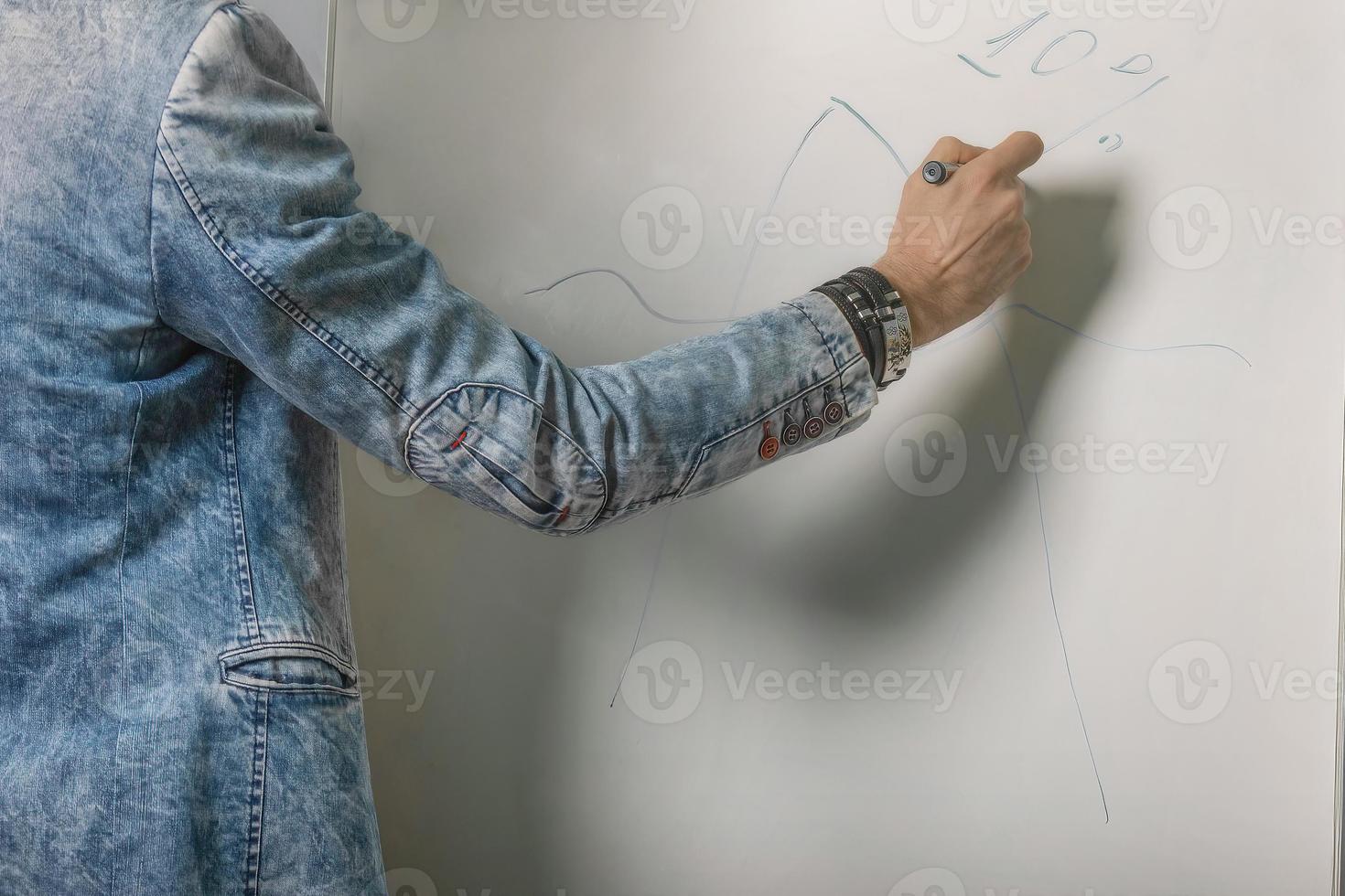 Entrepreneur making presentation of financial statistics and data on charts, writing using flip chart, business coach drawing charts on white board during training, seminar photo