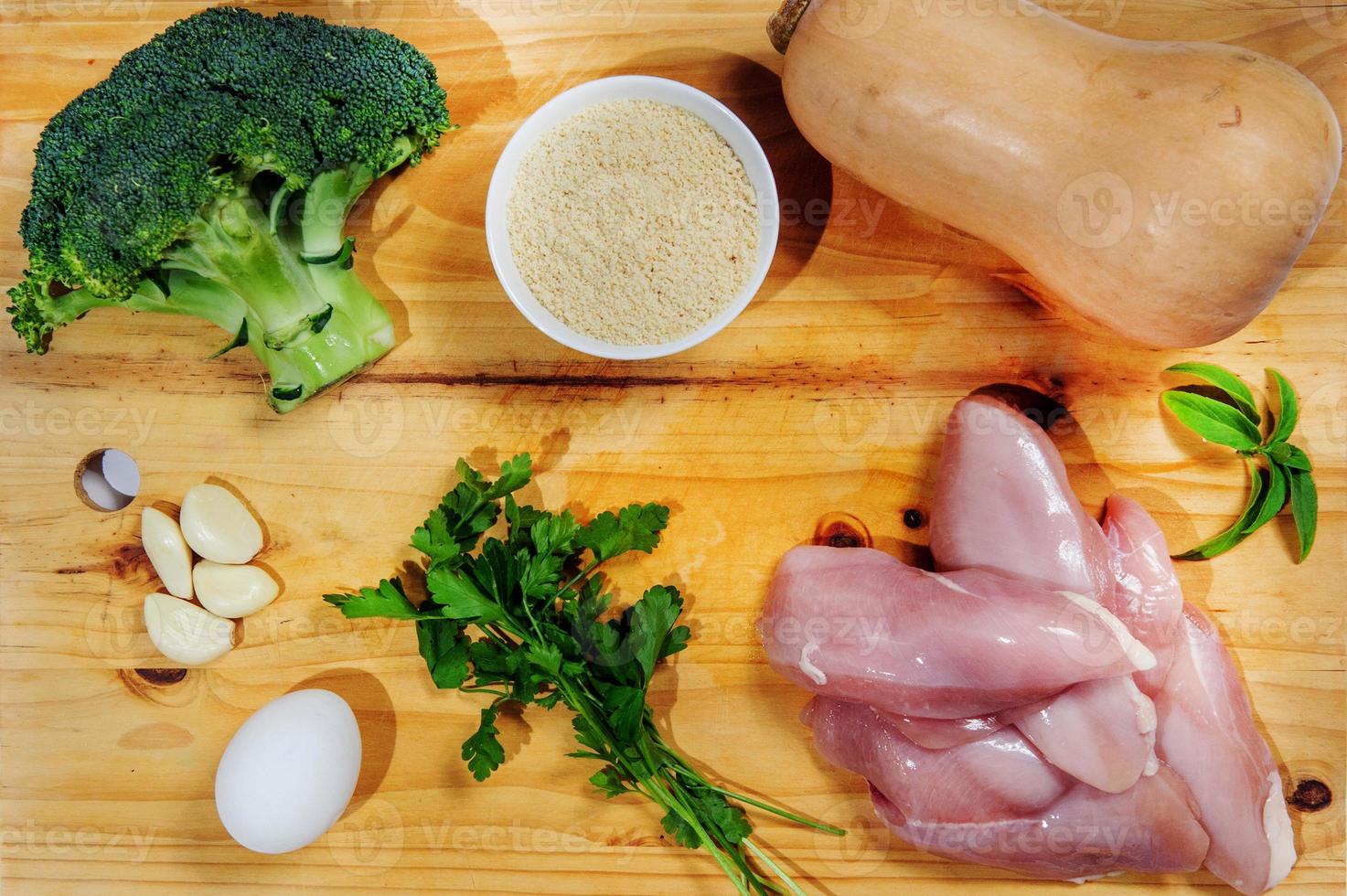Raw ingredients. Ready to be cooked. Recipe for chiken stew, European cuisine, cooked with a garnish of mushrooms, small onions and ohter. photo