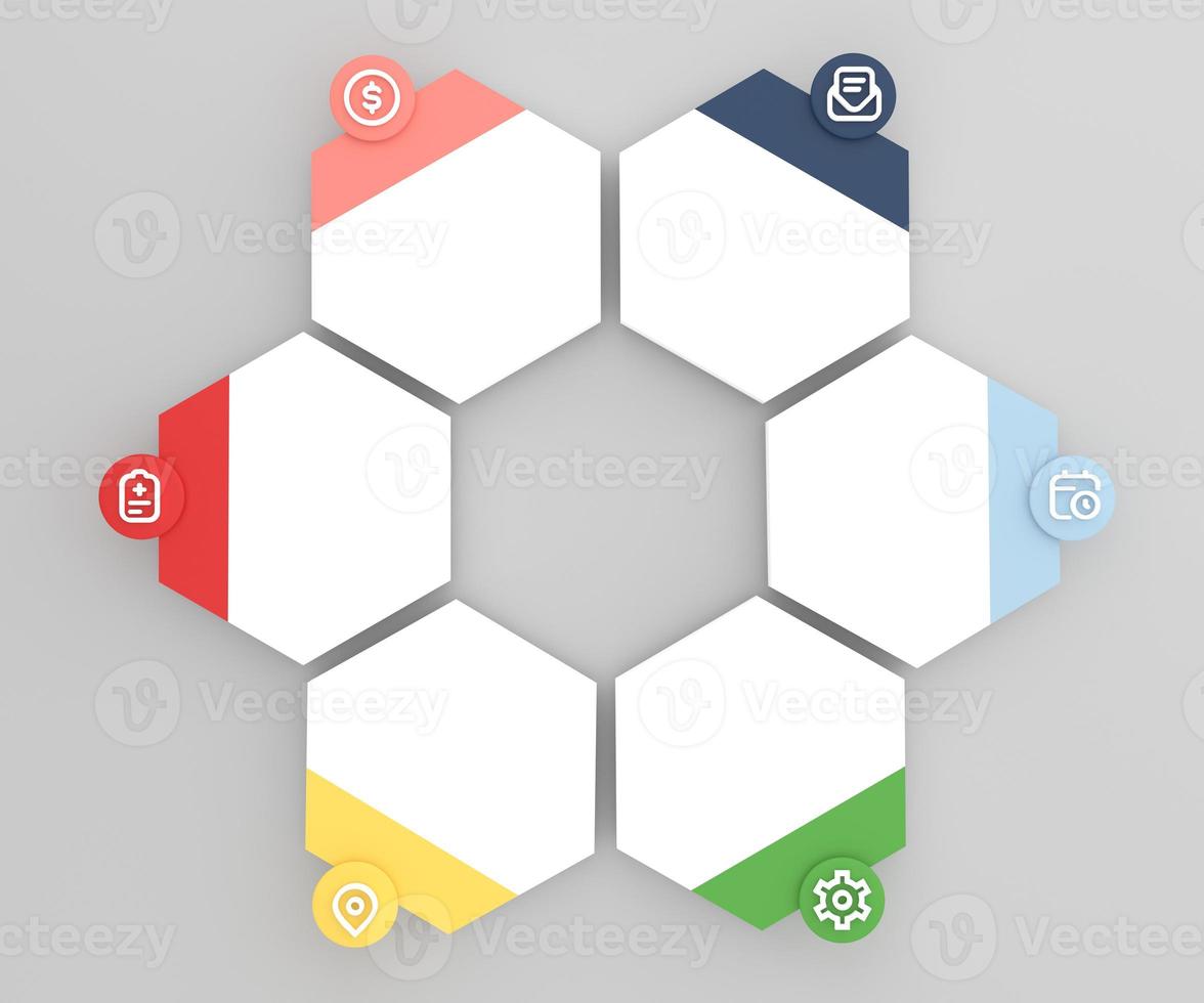 illustration hexagon infographics six options. Template for brochure, web design. photo