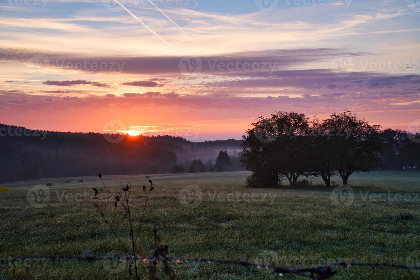 amanecer terminado un vecino bosque con prado en el primer plano. pasto paisaje foto