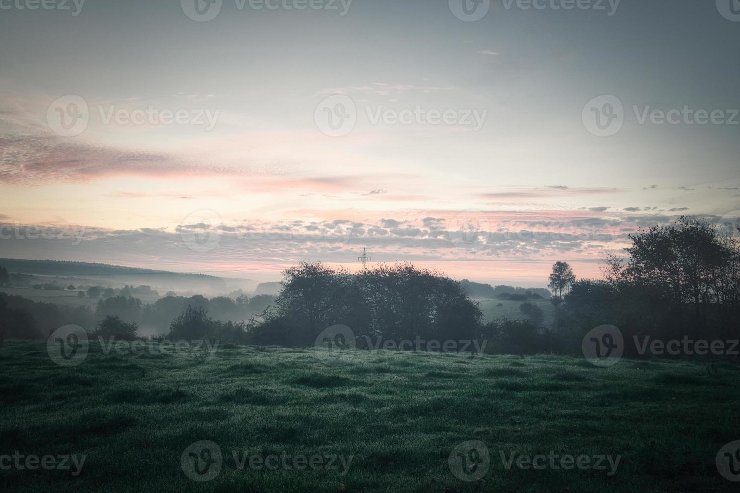 Sunrise over a neighboring forest with meadow in the foreground. Pasture landscape photo