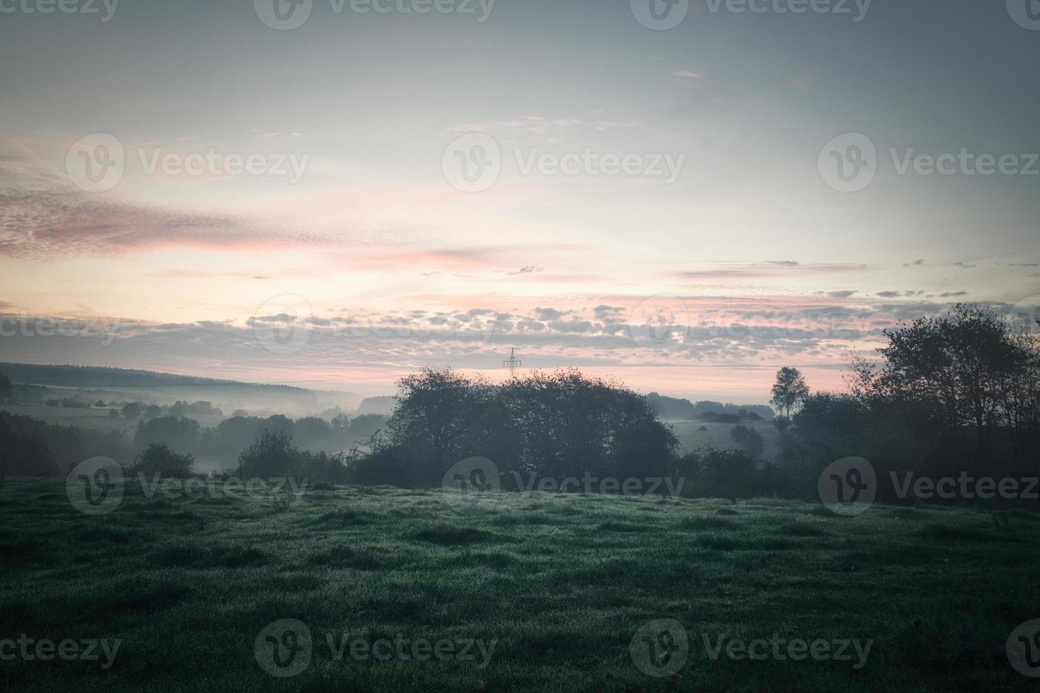 amanecer terminado un vecino bosque con prado en el primer plano. pasto paisaje foto