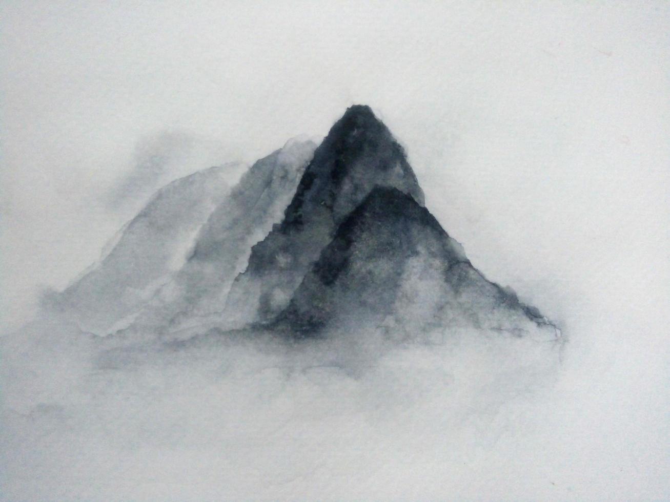 watercolor painting on paper landscape mountain fog. Traditional oriental. asia art style photo