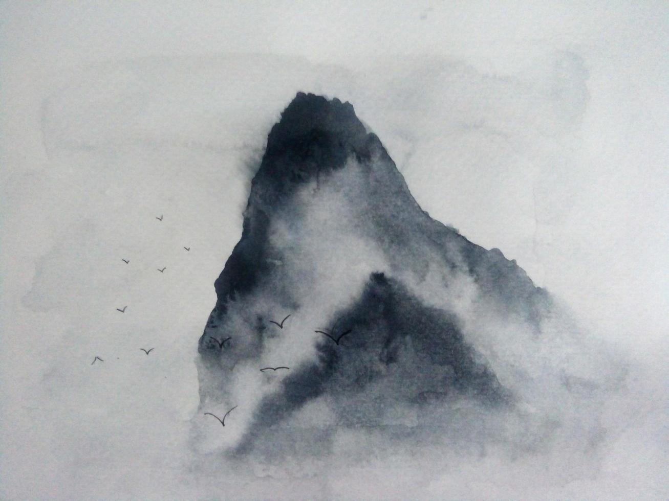 watercolor painting on paper landscape mountain fog. Traditional oriental. asia art style photo