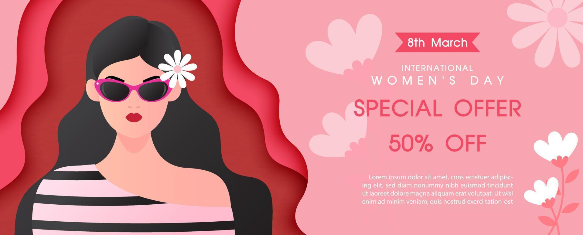 Modern and beauty woman with women's day specials offer sale wording on flower pattern and pink background. Card and poster's campaign of Women's day in paper cut style vector