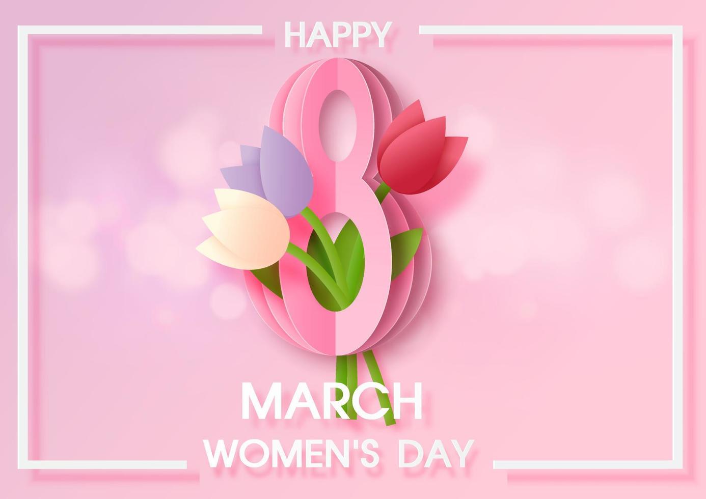 campaña de tarjetas y afiches del día de la mujer en estilo de corte de papel sobre fondo de patrón de papel rosa. vector